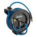 A black powder-coated steel Regency hose reel with a blue hose on it.