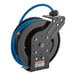 A black powder-coated steel Regency hose reel with a blue hose attached.