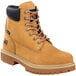 A brown Timberland PRO 6" Direct Attach soft toe leather boot with black laces and a black sole.