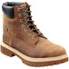 A pair of brown Timberland PRO steel toe leather boots with black laces.