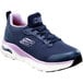 A navy Skechers women's athletic shoe with an alloy toe and Arch Fit.