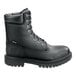 A black leather steel toe work boot with a non-slip sole and lace-up design, shown in men's size 9 wide width.