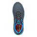 A navy and light blue men's athletic shoe with an alloy toe and non-slip sole, featuring Skechers Arch Fit technology.
