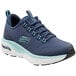 A close up of a navy and aqua Skechers Work Christina women's non-slip athletic shoe.