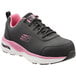 A black and pink Skechers women's athletic shoe with Arch Fit technology.