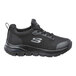 A black Skechers women's athletic shoe with an alloy toe, non-slip sole, and medium width.