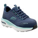 A close up of a navy and aqua Skechers Work Sadie athletic shoe.