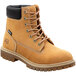 A pair of women's brown Timberland PRO steel toe leather boots with black laces.