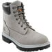 A pair of grey Timberland Pro steel toe boots with a black sole.