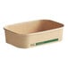 A brown rectangular paper take-out container with green text.