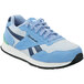 A blue and gray Reebok Harman women's athletic shoe.