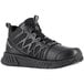 A black mid-high athletic shoe with a mesh and synthetic upper, designed for men with a wide width and featuring a non-slip sole.