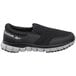 A black Reebok slip-on athletic shoe with a white sole.