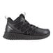 A black mid-high athletic shoe with mesh and synthetic overlays, designed for men with a wide width and a non-slip sole.