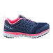 A navy and pink Reebok women's athletic shoe with a soft toe and non-slip sole.
