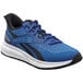A blue and white Reebok athletic shoe with a soft toe.
