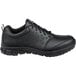 A Reebok black athletic shoe with a white background.
