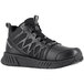 A black mid-high athletic shoe with a mesh and synthetic upper, designed for men with a wide width and featuring a non-slip sole.