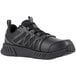 A black men's athletic shoe with a mesh and synthetic upper, designed for work with a non-slip sole and soft toe.