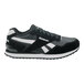 A black and white Reebok men's retro jogger athletic shoe with a soft toe and non-slip sole.
