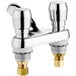 A Chicago Faucets deck-mounted metering faucet with chrome and brass finishes.