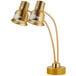 A gold Avantco dual arm heat lamp with two yellow shades.