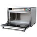 A silver Panasonic Sonic Steamer commercial microwave oven with a door open.