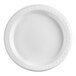 A close up of a white Huhtamaki Chinet plastic plate with a design on it.