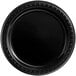 A black Huhtamaki Chinet plastic plate with a decorative black border.