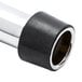 A close-up of a black and silver stainless steel pipe with a rubber cap.