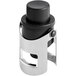 An Acopa black and silver plastic pump champagne bottle stopper.