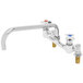 A chrome T&S deck-mount faucet with two silver knobs.