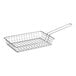 A stainless steel rectangular fry basket with a handle.