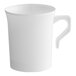 A white plastic coffee cup with a uniquely shaped handle.