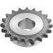 A silver metal sprocket gear with a hole in the middle.