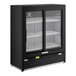 A black refrigerated sliding glass door merchandiser with LED lighting and multiple shelves.