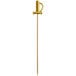 A gold cocktail pick with a sword on the end.