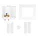 A white Oatey Quadtro washing machine outlet box with a white circular object and a white square frame with a white border.