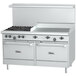 A stainless steel Garland commercial gas range with 2 burners, a griddle, and storage.