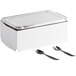 A white box with a lid, silverware, and two spoons.