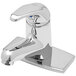 A silver T&S single lever deck mount faucet.