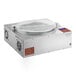 A silver metal box with a clear lid.