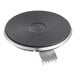 A black circular plate with a silver metal base.