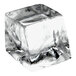 A clear medium cube of ice with a white background.