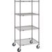 A gray Metro Super Erecta wire shelving unit with wheels.
