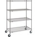 A gray Metro Super Erecta metal wire shelving unit on wheels.