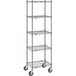 A gray Metro wire shelving unit with wheels.