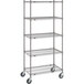 A gray Metro Super Erecta metal shelving unit with wheels.