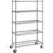 A gray Metro mobile wire shelving unit with wheels.