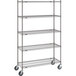 A gray Metro Super Erecta wire shelving unit with wheels.